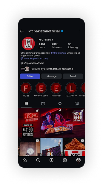 KFC Pakistan Instagram profile managed by Dart